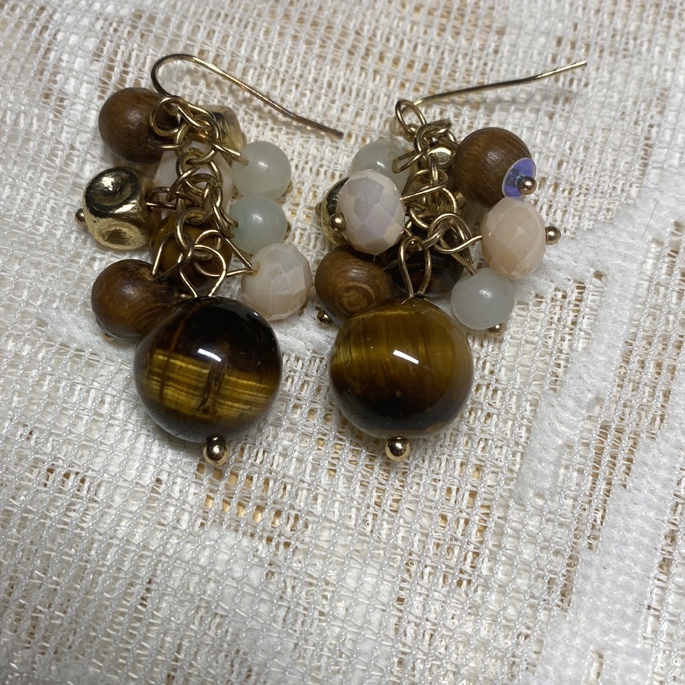 Gold/Faux Gold Amber Wood Dangle Earrings